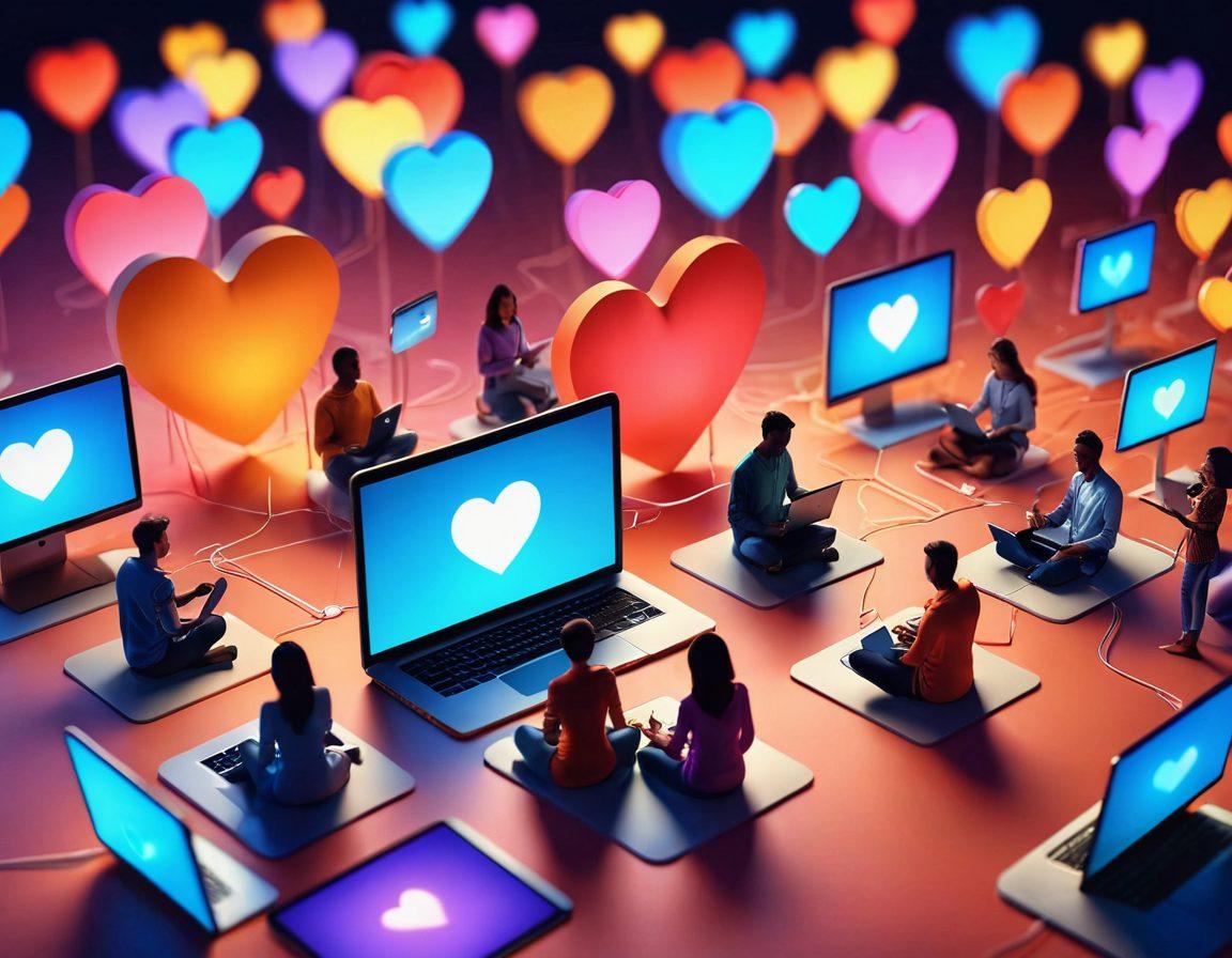 A modern digital landscape featuring diverse people engaging in online conversations through various devices like smartphones and laptops. Include heart-shaped icons and connection signals to symbolize love and relationships. Incorporate soft glowing lights and warm colors to create an inviting atmosphere. Capture moments of laughter and joy, representing meaningful connections. vibrant colors. 3D. 
