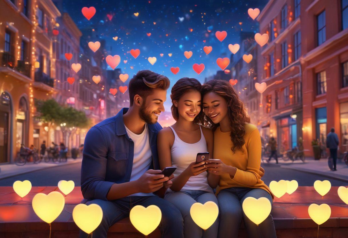 A modern couple sitting closely together, using their smartphones, surrounded by glowing hearts and digital icons representing love and connection. A soft glow emanates from their screens, highlighting their smiles while symbols of communication like chats and emojis float around them. The background features a beautiful urban landscape at twilight, blending technology with romance. super-realistic. vibrant colors. 3D.
