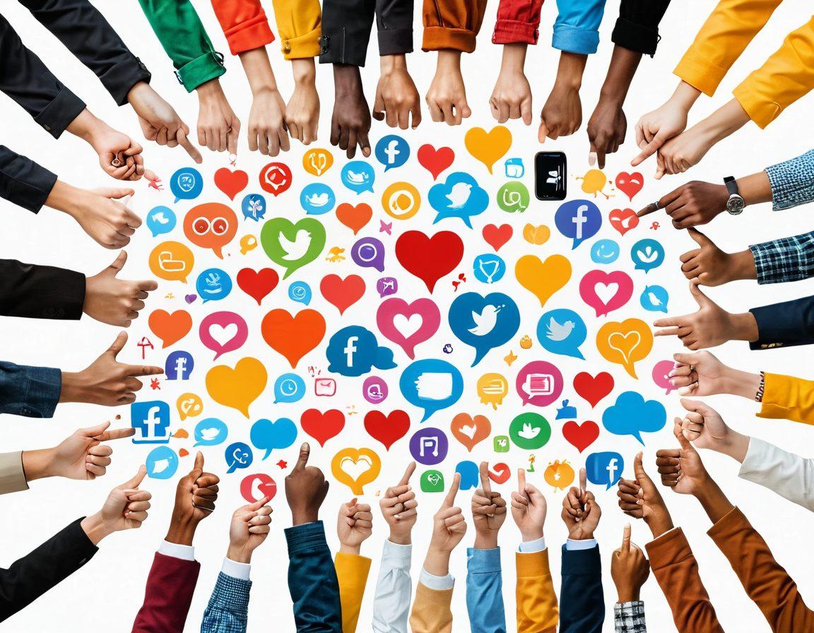 A heart formed from social media icons like thumbs up, chat bubbles, and heart emojis, surrounded by people of diverse backgrounds exchanging messages and smiles, representing the transformation from online engagement to real connections. Subtle warmth in the color palette to evoke emotions. super-realistic. vibrant colors. white background.